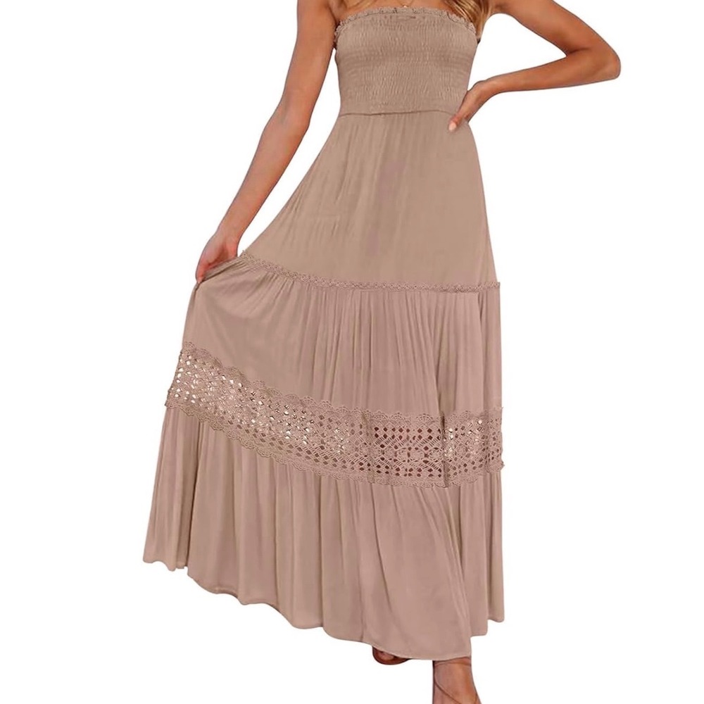 ZESICA Sz Small Dusty Rose Boho Summer Strapless Lace Beachy Flowy Maxi Sundress - Picture 9 of 11